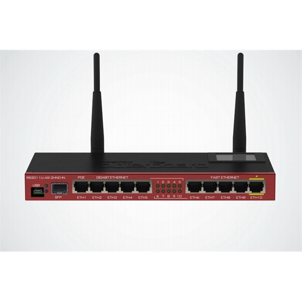 (RB2011UiAS-2HnD-IN) router, 5 gigabit (1x passzív Poe), 5x 10/100, 1x SFP, wireless-b/g/n 2,4GHz